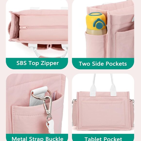 Pink Waterproof Cotton-Poly Tote Bag for Women with Multiple Pockets and Adjusta - Picture 6 of 8